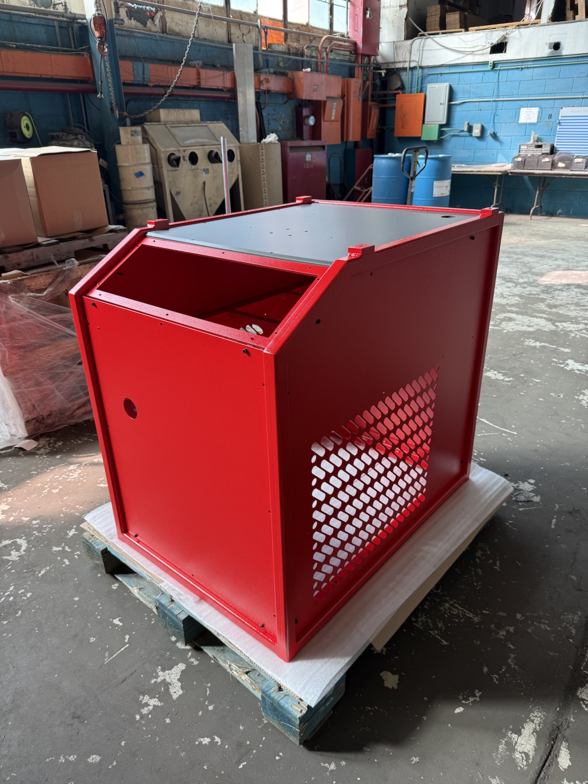 Red powder coated industrial brazing assembly enclosure